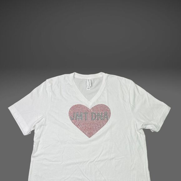 Bella Canvas White V-Neck T-Shirt Rhinestone Heart MDNA Graphic Tee - Picture 4 of 7